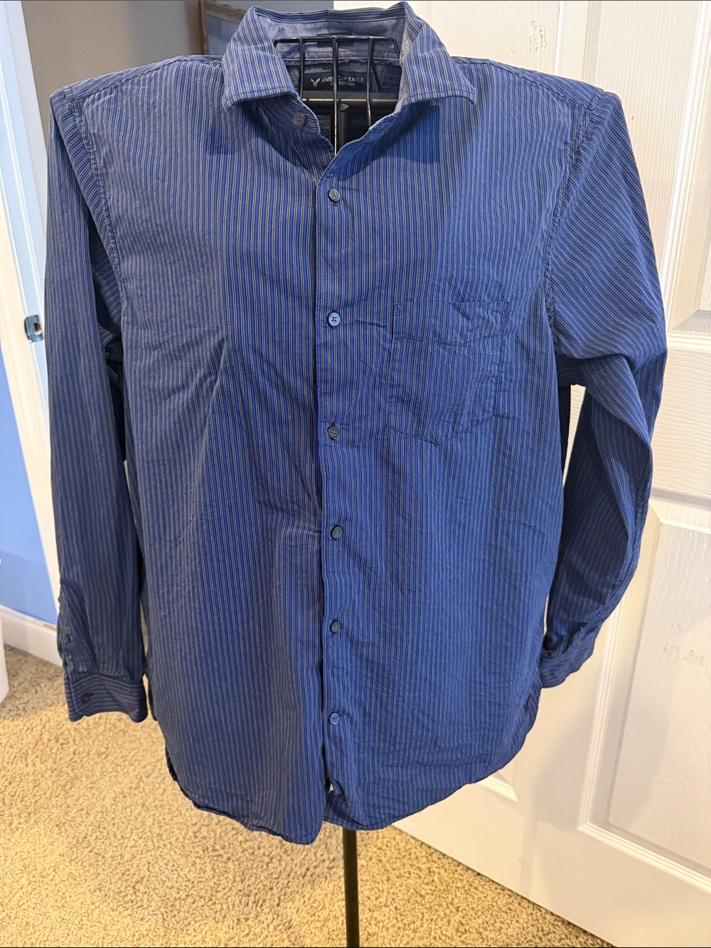 American Eagle Outfitters Men's Navy Blue Pinstripe Button-Up Shirt